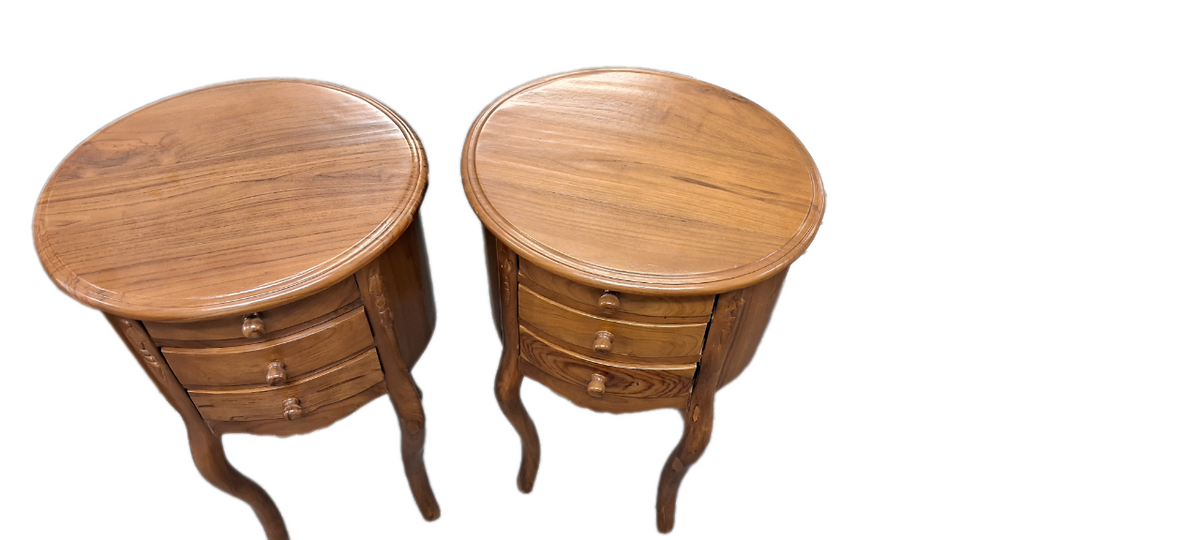Bedside Table Pair - Oval Shape - Teak Wood