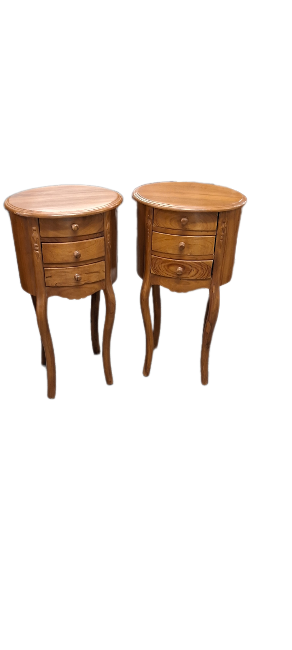 Bedside Table Pair - Oval Shape - Teak Wood