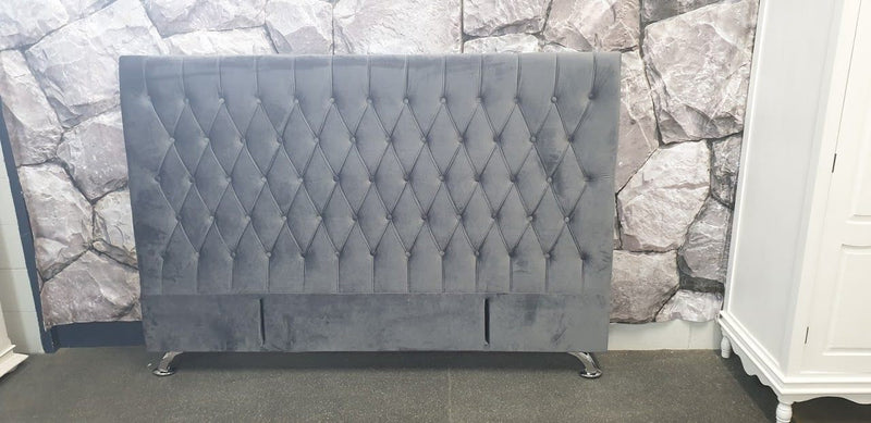 Dahlia Buttoned California King Headboard - Dark Grey Velvet