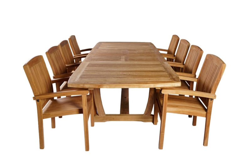 OUTDOOR FURNITURE - TEAK WOOD TABLE AND 8 CHAIRS- WINDSOR SET