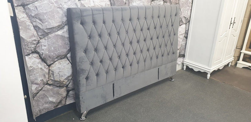 Dahlia Buttoned California King Headboard - Dark Grey Velvet