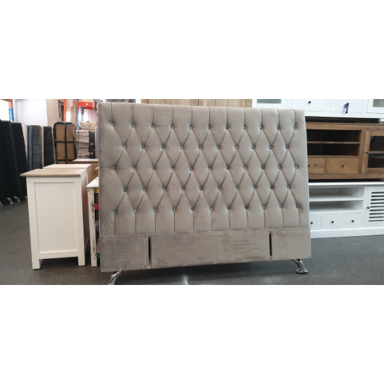 Dahlia Buttoned Queen Headboard - Stone Grey Velvet
